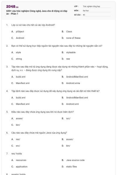 600+ câu trắc nghiệm Công nghệ Java cho di động có đáp án - Phần 1