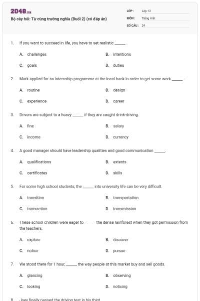 Bộ cây hỏi: Từ cùng trường nghĩa (Buổi 2) (có đáp án)