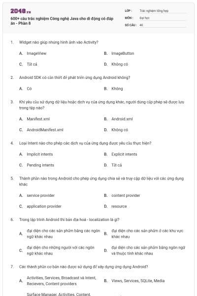 600+ câu trắc nghiệm Công nghệ Java cho di động có đáp án - Phần 8