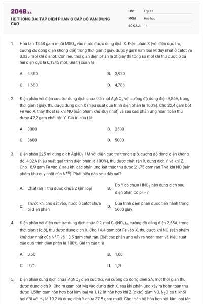 HỆ THỐNG BÀI TẬP ĐIỆN PHÂN Ở CẤP ĐỘ VẬN DỤNG CAO