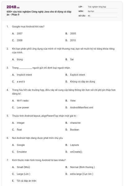 600+ câu trắc nghiệm Công nghệ Java cho di động có đáp án - Phần 9