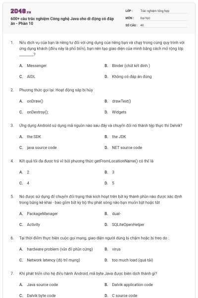 600+ câu trắc nghiệm Công nghệ Java cho di động có đáp án - Phần 10