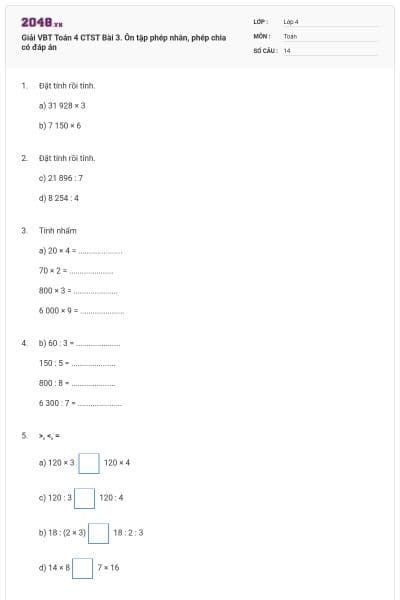 Giải VBT Toán 4 CTST Bài 3. Ôn tập phép nhân, phép chia có đáp án