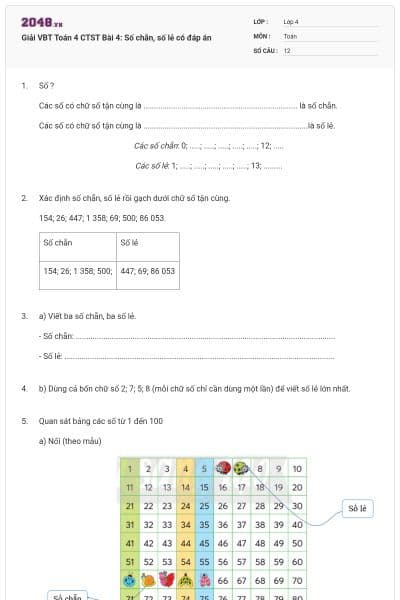 Giải VBT Toán 4 CTST Bài 4: Số chẵn, số lẻ có đáp án