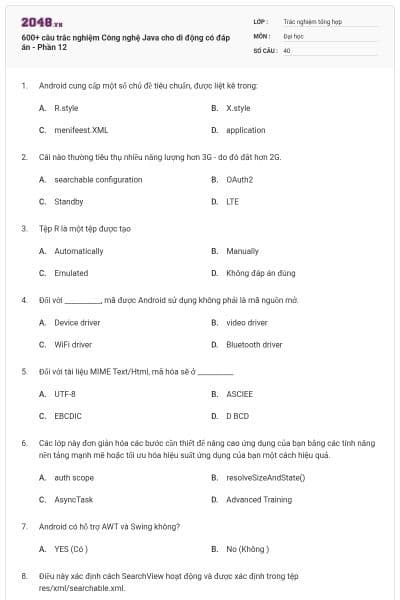 600+ câu trắc nghiệm Công nghệ Java cho di động có đáp án - Phần 12