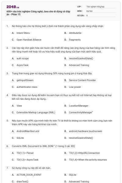 600+ câu trắc nghiệm Công nghệ Java cho di động có đáp án - Phần 15