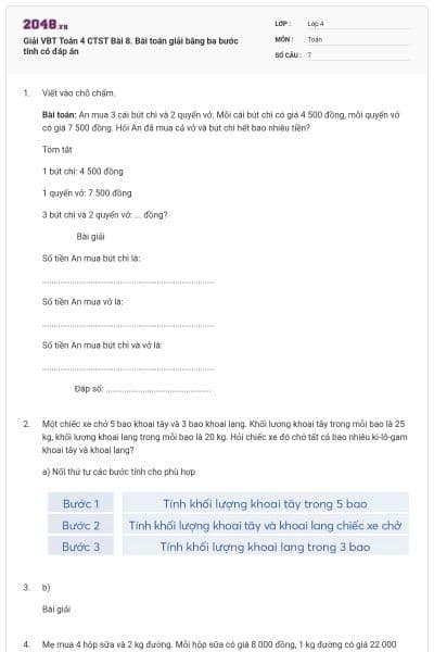 Giải VBT Toán 4 CTST Bài 8. Bài toán giải bằng ba bước tính có đáp án