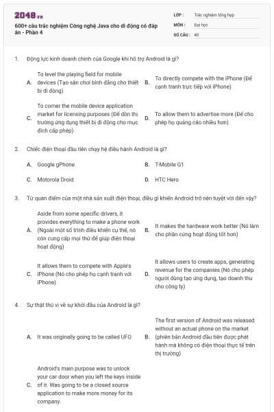 600+ câu trắc nghiệm Công nghệ Java cho di động có đáp án - Phần 4