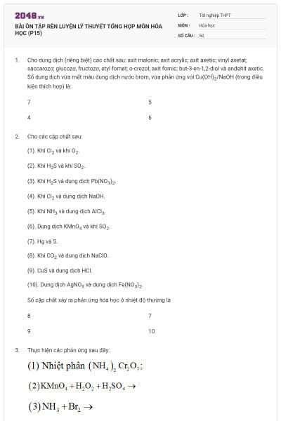 BÀI ÔN TẬP RÈN LUYỆN LÝ THUYẾT TỔNG HỢP MÔN HÓA HỌC (P15)