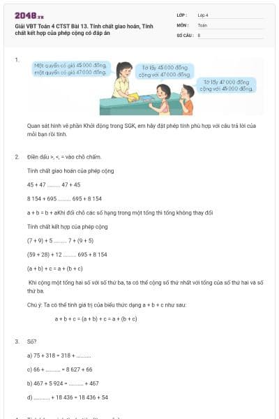 Giải VBT Toán 4 CTST Bài 13. Tính chất giao hoán, Tính chất kết hợp của phép cộng có đáp án