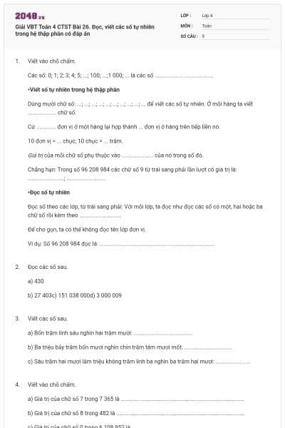 Giải VBT Toán 4 CTST Bài 26. Đọc, viết các số tự nhiên trong hệ thập phân có đáp án