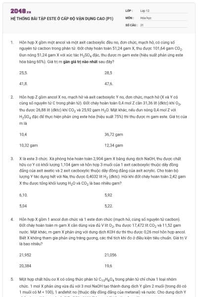 HỆ THỐNG BÀI TẬP ESTE Ở CẤP ĐỘ VẬN DỤNG CAO (P1)