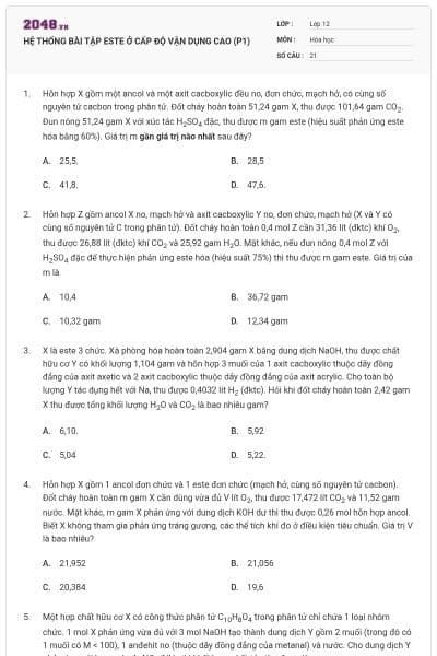 HỆ THỐNG BÀI TẬP ESTE Ở CẤP ĐỘ VẬN DỤNG CAO (P1)