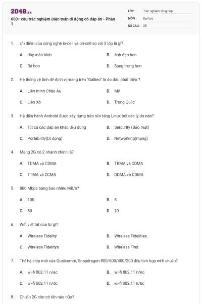 600+ câu trắc nghiệm Điện toán di động có đáp án - Phần 1