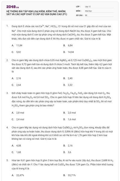 HỆ THỐNG BÀI TẬP KIM LOẠI KIỀM, KIỀM THỔ, NHÔM, SẮT VÀ CÁC HỢP CHẤT Ở CẤP ĐỘ VẬN DỤNG CAO (P1)