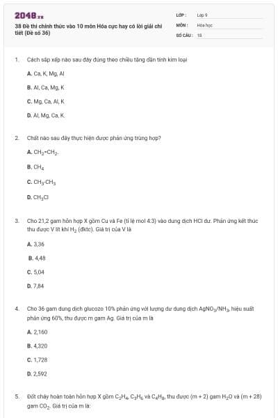 38 Đề thi chính thức vào 10 môn Hóa cực hay có lời giải chi tiết (Đề số 36)