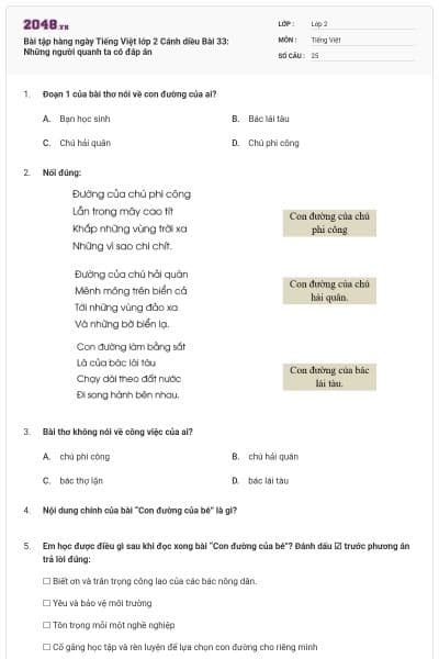 Bài tập hàng ngày Tiếng Việt lớp 2 Cánh diều Bài 33: Những người quanh ta có đáp án