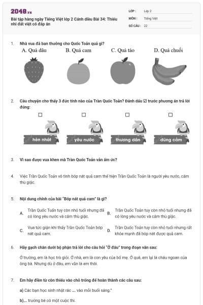 Bài tập hàng ngày Tiếng Việt lớp 2 Cánh diều Bài 34: Thiếu nhi đất việt có đáp án