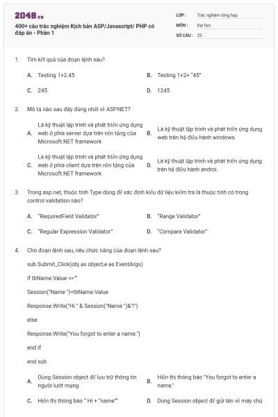 400+ câu trắc nghiệm Kịch bản ASP/Javascript/ PHP có đáp án - Phần 1