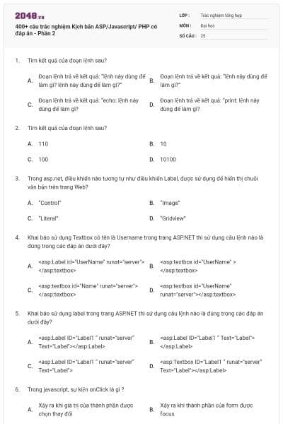 400+ câu trắc nghiệm Kịch bản ASP/Javascript/ PHP có đáp án - Phần 2