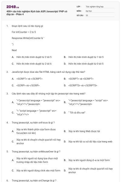 400+ câu trắc nghiệm Kịch bản ASP/Javascript/ PHP có đáp án - Phần 4