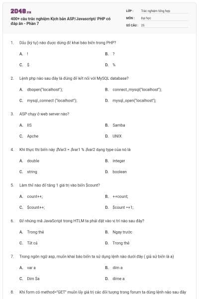 400+ câu trắc nghiệm Kịch bản ASP/Javascript/ PHP có đáp án - Phần 7