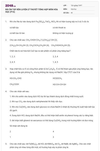 BÀI ÔN TẬP RÈN LUYỆN LÝ THUYẾT TỔNG HỢP MÔN HÓA HỌC (P16)