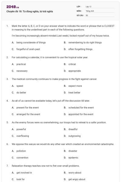 Chuyên đề 18: Từ đồng nghĩa, từ trái nghĩa