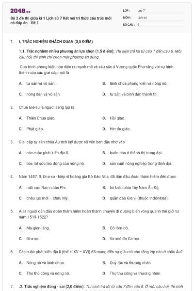 Bộ 2 đề thi giữa kì 1 Lịch sử 7 Kết nối tri thức cấu trúc mới có đáp án - Đề 1