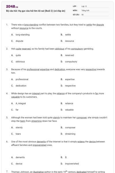 Bộ câu hỏi: Hạ gục câu hỏi tìm lỗi sai (Buổi 2) (có đáp án)