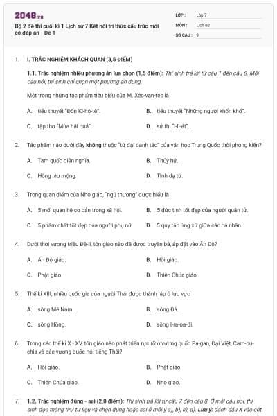 Bộ 2 đề thi cuối kì 1 Lịch sử 7 Kết nối tri thức cấu trúc mới có đáp án - Đề 1