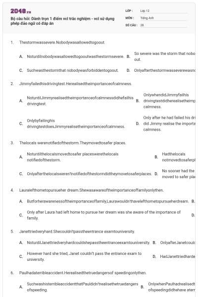 Bộ câu hỏi: Dành trọn 1 điểm vcl trắc nghiệm - vcl sử dụng phép đảo ngữ có đáp án