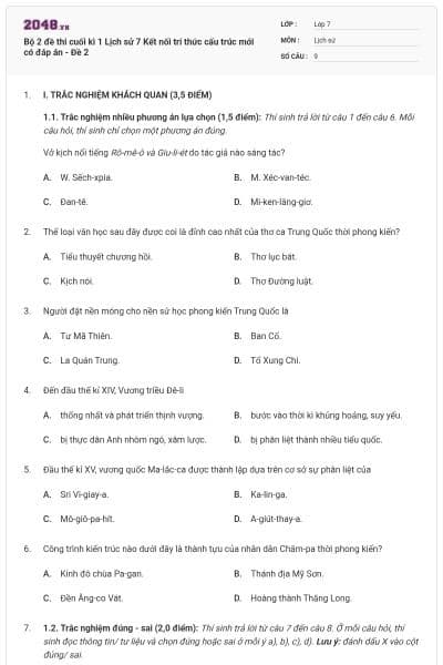 Bộ 2 đề thi cuối kì 1 Lịch sử 7 Kết nối tri thức cấu trúc mới có đáp án - Đề 2
