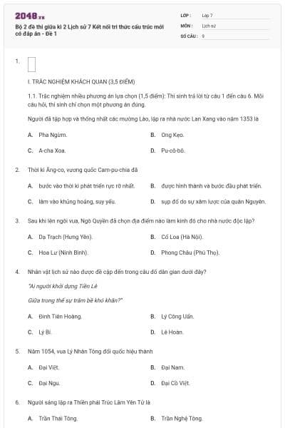 Bộ 2 đề thi giữa kì 2 Lịch sử 7 Kết nối tri thức cấu trúc mới có đáp án - Đề 1