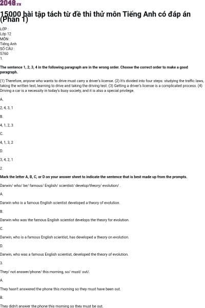 15000 bài tập tách từ đề thi thử môn Tiếng Anh có đáp án (Phần 1)