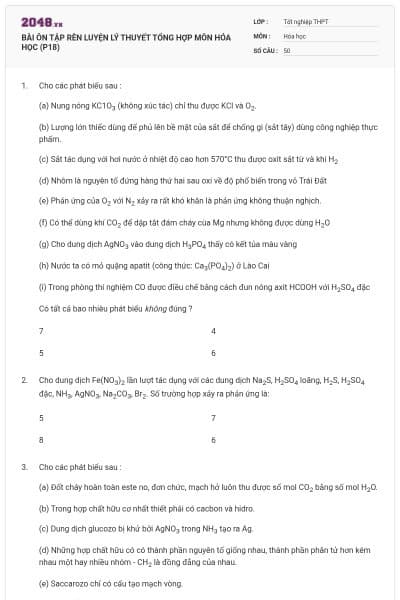 BÀI ÔN TẬP RÈN LUYỆN LÝ THUYẾT TỔNG HỢP MÔN HÓA HỌC (P18)