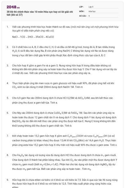 38 Đề thi chính thức vào 10 môn Hóa cực hay có lời giải chi tiết (Đề số 37)
