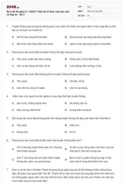 Bộ 2 đề thi giữa kì 1 GDCD 7 Kết nối tri thức cấu trúc mới có đáp án - Đề 2