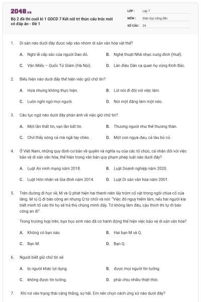 Bộ 2 đề thi cuối kì 1 GDCD 7 Kết nối tri thức cấu trúc mới có đáp án - Đề 1