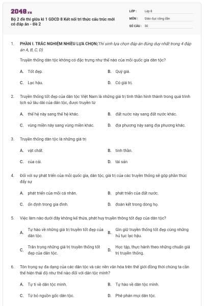 Bộ 2 đề thi giữa kì 1 GDCD 8 Kết nối tri thức cấu trúc mới có đáp án - Đề 2