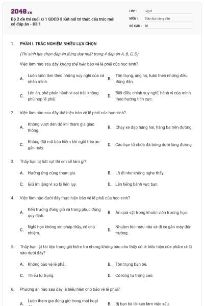 Bộ 2 đề thi cuối kì 1 GDCD 8 Kết nối tri thức cấu trúc mới có đáp án - Đề 1