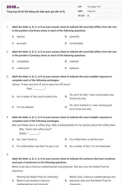 Tổng hợp đề thi thử tiếng anh thpt quốc gia (Đề số 9)