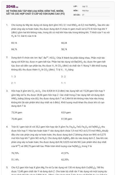 HỆ THỐNG BÀI TẬP KIM LOẠI KIỀM, KIỀM THỔ, NHÔM, SẮT VÀ CÁC HỢP CHẤT Ở CẤP ĐỘ VẬN DỤNG CAO (P2)
