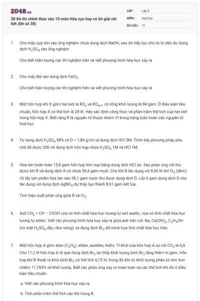 38 Đề thi chính thức vào 10 môn Hóa cực hay có lời giải chi tiết (Đề số 38)