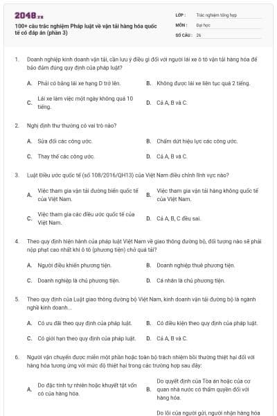 100+ câu trắc nghiệm Pháp luật về vận tải hàng hóa quốc tế có đáp án (phần 3)