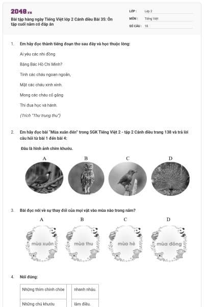 Bài tập hàng ngày Tiếng Việt lớp 2 Cánh diều Bài 35: Ôn tập cuối năm có đáp án