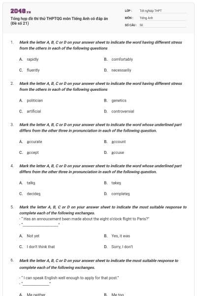 Tổng hợp đề thi thử THPTQG môn Tiếng Anh có đáp án (Đề số 21)