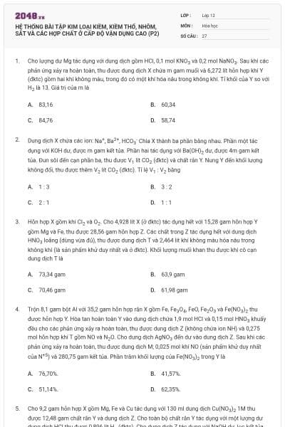 HỆ THỐNG BÀI TẬP KIM LOẠI KIỀM, KIỀM THỔ, NHÔM, SẮT VÀ CÁC HỢP CHẤT Ở CẤP ĐỘ VẬN DỤNG CAO (P2)