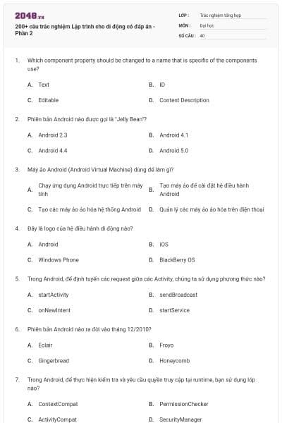 200+ câu trắc nghiệm Lập trình cho di động có đáp án - Phần 2