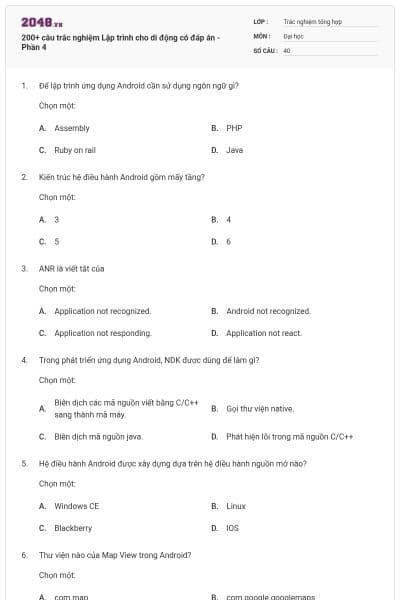 200+ câu trắc nghiệm Lập trình cho di động có đáp án - Phần 4